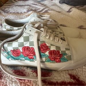 Vans Cream Checkerboard Sneakers with Red Rose Embroidery